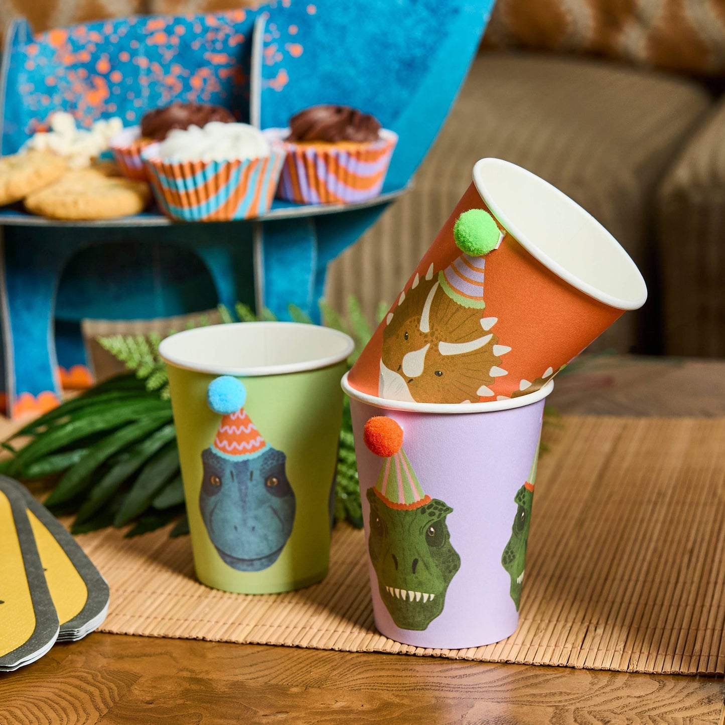 Party Dinosaur Pom Pom Paper Cups - Pack of 6