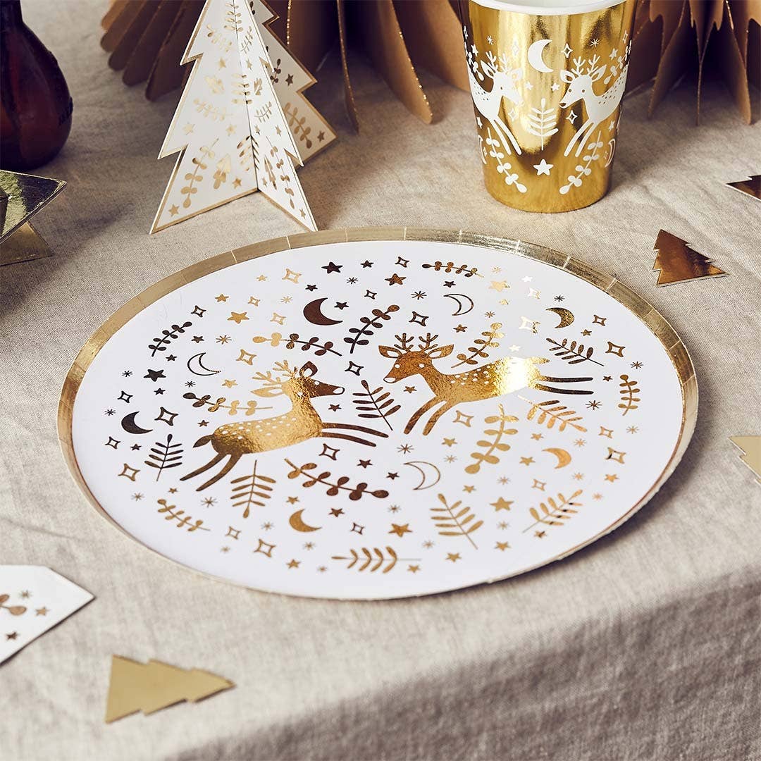 Reindeer Gold Foil Paper Plates 8 Pack