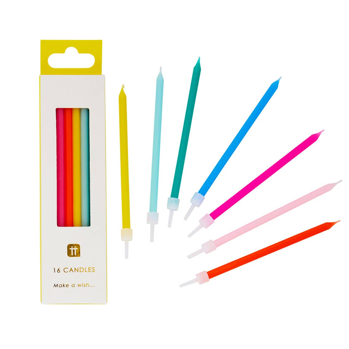 Long Rainbow Colour Birthday Candles - 16 Pack