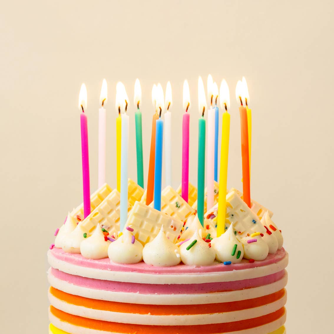 Long Rainbow Colour Birthday Candles - 16 Pack