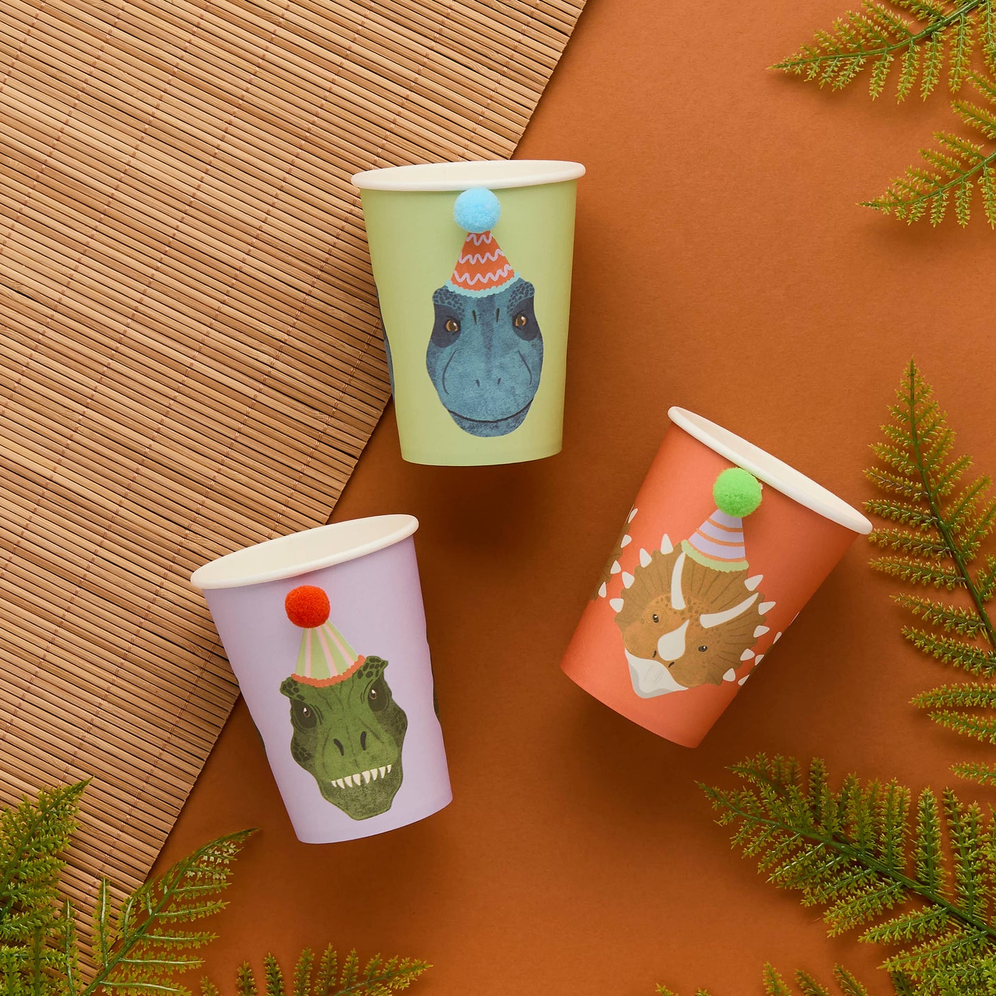 Party Dinosaur Pom Pom Paper Cups - Pack of 6